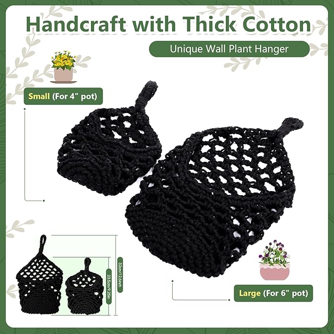 Macrame Wall Plant Hanger, Hanging Planter Basket Holder, Wall Planters for Indoor Plants, for Up to 6 Inch Pot (Black, 6-Inch)