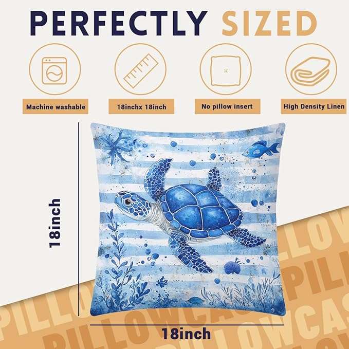 Ocean Pillow Covers 18x18 inch Set of 4, Blue Seahorse Coral Watercolor Nautical Cushion Case Outdoor Sofa Throw Pillows Cover Garden Pillow Covers for Couch Living Room Bed Indoors Home Decor