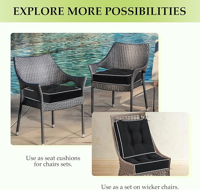 HARBOREST Outdoor Chair Cushions Set of 2, Tufted Patio Chair Cushions with Ties, Square Corner Outdoor Cushions for Patio Furniture, Lawn Chairs, Wicker Chairs, 19" x 19" x 5", Black