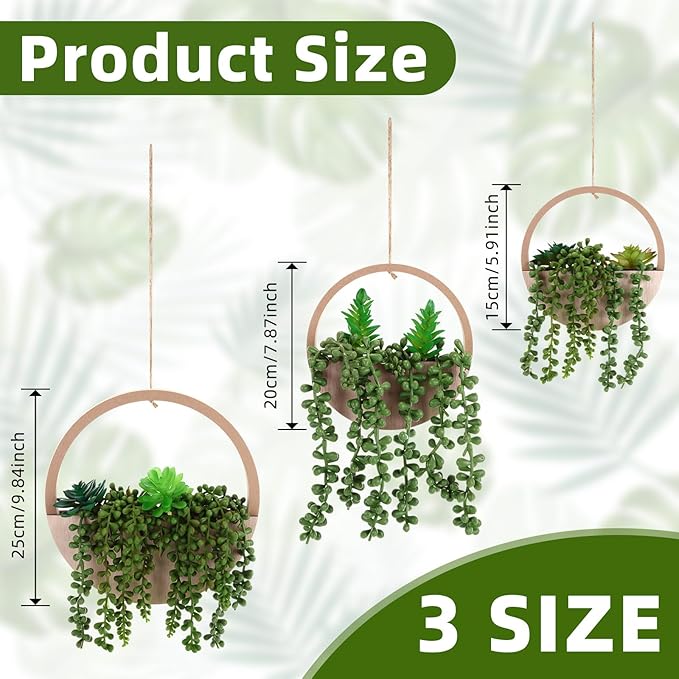 Honeydak 3 Pack Artificial Succulents Hanging Plants Fake Plants Set Wall String of Pearls Succulent Planter in Pot with Lanyard for Balcony Living Room Home Indoor Outdoor Wall Decor(Wood Color)