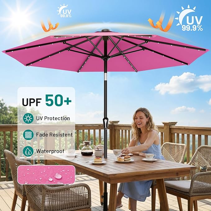 AreShark 9FT Patio Umbrella with Solar Lights, 32 LED Lighted Pool Umbrella w/Tilt and Crank, Outdoor Market Solar Umbrellas for Garden, Deck, Backyard, Pool and Beach, Rose Pink