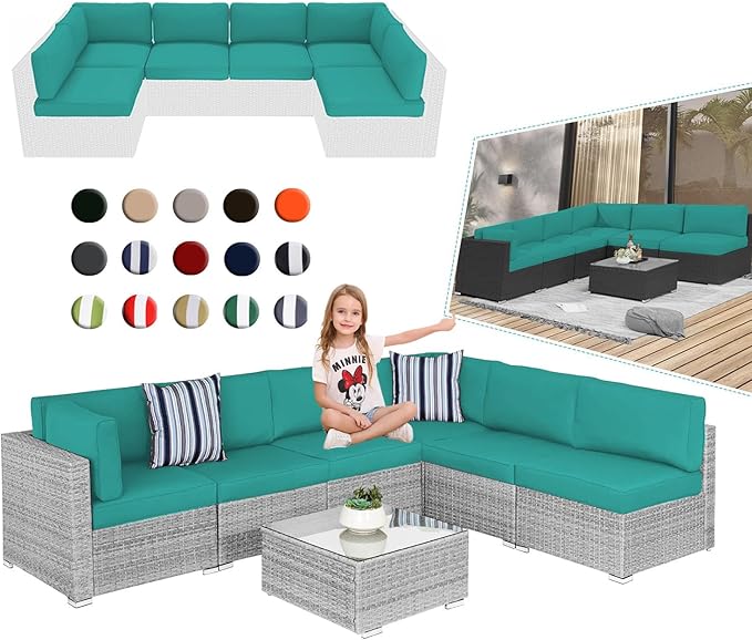 Outdoor Sectional Cushions, 4" Foam High-Density, Water-Resistant Couch Cushions Replacement Set, 14 Piece Patio Sectional Cushion for 6-Seat Sectional Patio Conversation Sets (Lake Blue)