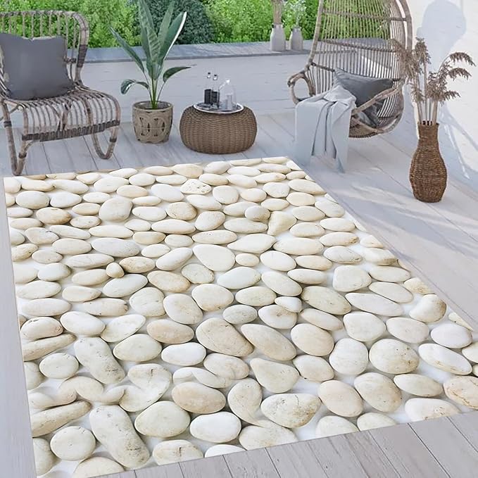 Cream White Cobble Stones Outdoor Rug for Patio Deck Balcony Backyard Porch Garden Pool Camping Non Slip Waterproof Thin Carpet Comfort Easy Clean Washable Reversible Art Deco Low Pile Mats 10x16