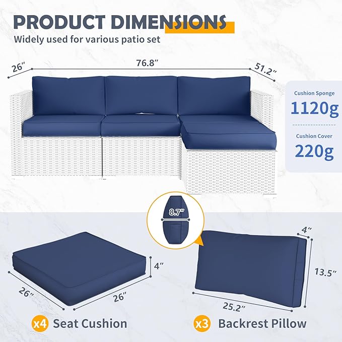 Amopatio Outdoor Sofa Replacement Cushion Set, Waterproof Seat and Back Cushions for Patio Furniture, UV-Resistant and Extra-Thick Cushions, Machine-Washable Covers (Navy)
