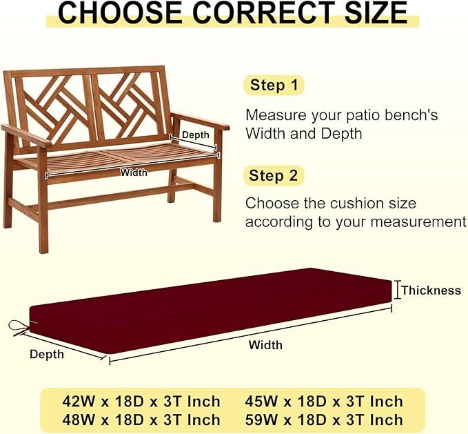 downluxe Outdoor Bench Cushion Waterproof, 42 x 18 Inch Patio Furniture Cushions with Adjustable Ties & Portable Handle, Porch Swing Cushions, Bench Cushions for Outdoor Furniture, Burgundy