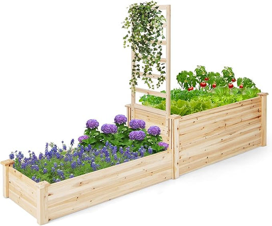 Giantex Raised Garden Bed with Trellis, Set of 2 Wood Shallow & Deep Planter Box for Climbing Plants Cucumber Vegetables Flowers Herbs Fruits, Easy Assembly, Outdoor Rectangular Floor Gardening Beds