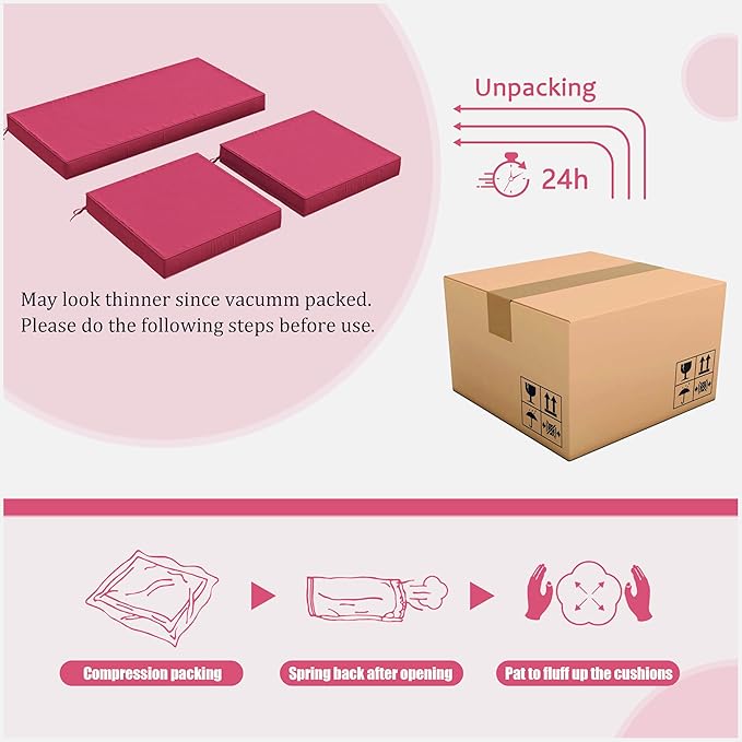 3 Pack Outdoor Replacement Cushions,36L x 18W x 3H,18L x 18W x 3H inch, High-Elastic Replacement Sponge for 4-Seater Water-Resistant Patio/Sofa with Removable Covers (Pink)