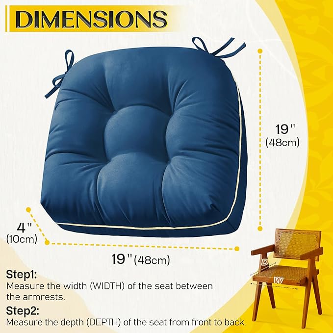 Outdoor Chair Cushions Set of 2, Outdoor Cushions for Patio Furniture and Wicker Chair, Memory Foam Patio Seat Cushion Pads with Ties, 19 x 19 Inch (Blue)