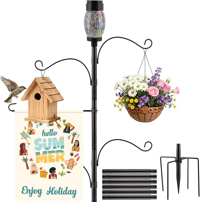 Camii Solar Shepherds Hooks for Outdoors, 80" Bird Feeder Pole with Light, Flag Holder, 5 Prongs Base, Garden Flag Holder for Hook Bird Feeder, Plant Baskets, Lantern
