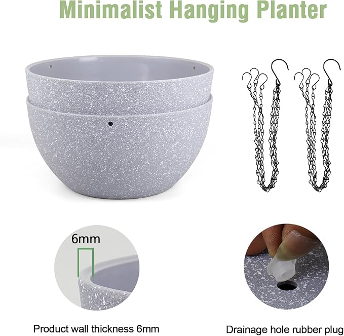 10 inch Hanging Planters for Indoor Outdoor Plants, 2 Pack Hanging Flower Pots with Drainage Holes and Chain for Garden Porch, Plastic Hanging Baskets for House Plants, Speckled Grey