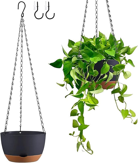 Hanging Planters for Indoor Plants, Set of 2 8/10 Inch Self-Watering Hanging Pots with Drainage Hole & Removable Water-Storage Tray II Screw-in Hooks II