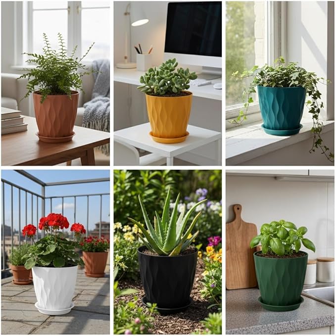 Plant Pots 8 Inch, 6 Pack Plastic Flower Pots for Indoor & Outdoor Plants, Planters with Drainage Holes and Saucer, Garden Pot for Plants (Multicolor)