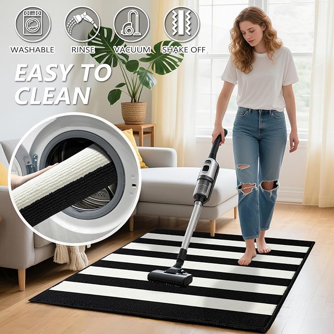 Timo Black and White Outdoor Rug,20"x32" Front Porch Rug Absorbent Rubber Backed Non Slip Striped Rug Machine Washable Indoor/Outdoor Area Rug Front Door Floor Mat for Farmhouse/Living Room/Entryway