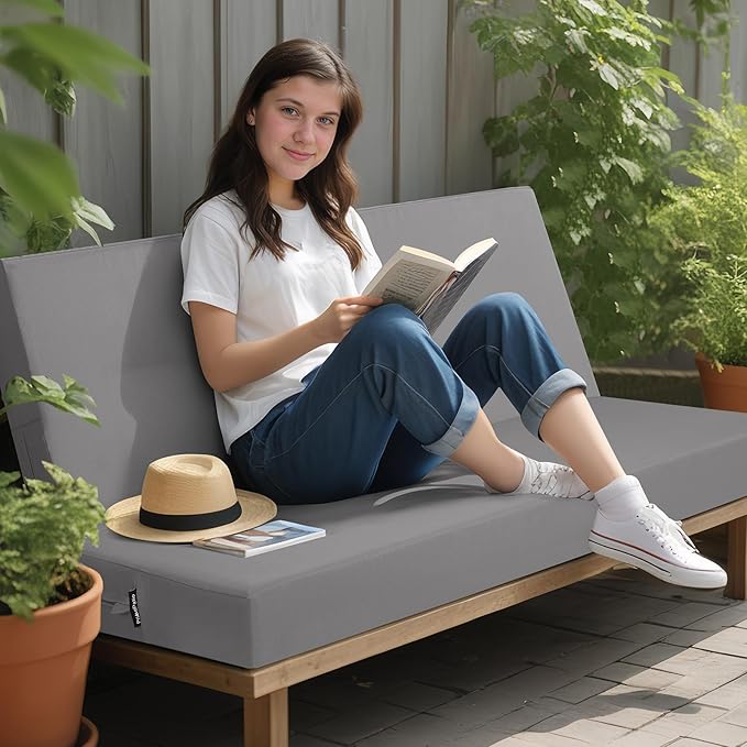 idee-home Outdoor Bench Cushion Waterproof, Bench Cushions for Outdoor Furniture, Patio Porch Swing Replacement Seat Pad with Ties for Garden Backyard, 59 x 18 Inch Grey
