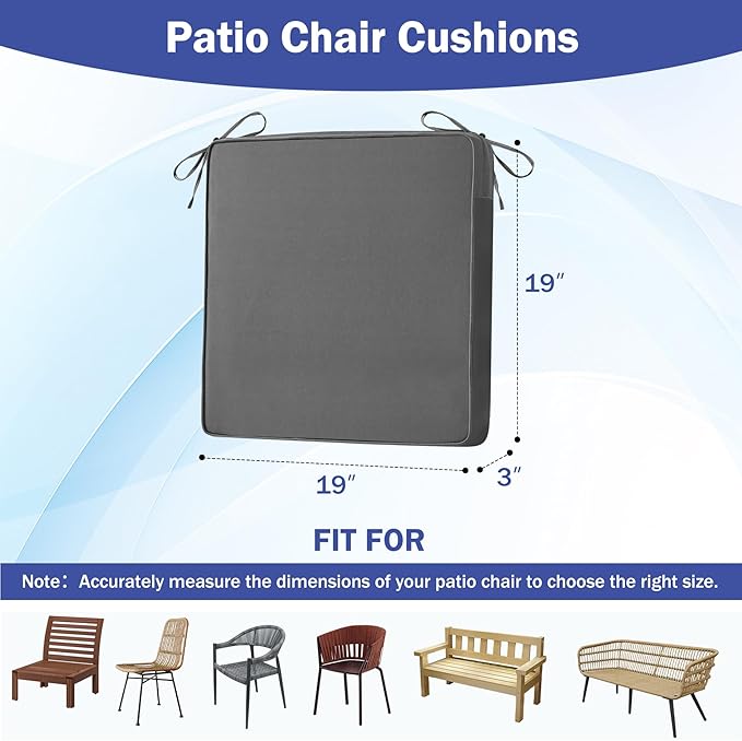 is Outdoor Cushions 4pcs Set, 19" x 19" x 3" Waterproof Outdoor Cushions for Patio Furniture, Outdoors Seat Cushions Set of 4 with Handle and Ties, Dark Grey
