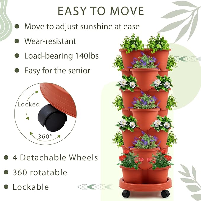 Umigy 2 Set of 7 Tier Stackable Vertical Planters with Removable Wheels and Tools Tower Planters Strawberry Herb Flower Vegetable Pots Indoor Outdoor Gardening Pots(Clay Red)