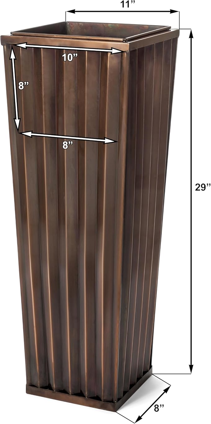 H Potter Tall Ribbed Copper Planter Indoor Outdoor – 29 Inch Antique Copper Stainless Steel Floor Planter with Insert & Drainage – Decorative Entryway Patio Porch Planter