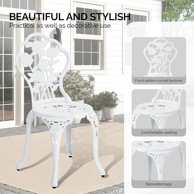 Outvita Patio Table and Chairs Set, Cast Aluminum Outdoor Cafe Table and Chairs Set of 3, Stability Patio Bistro Sets with Umbrella Hole for Garden, Patio, Balcony, Rose Pattern White