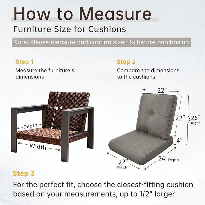 Belord Luxury 4" Thick Outdoor Cushion 5 Set - 22 x24 Inch 28D Sponge Filling Fade-Resistant Chair Cushion, Spill Proof Removable Patio Furniture Replacement Cushions for Sofa Bench Swing - Grey