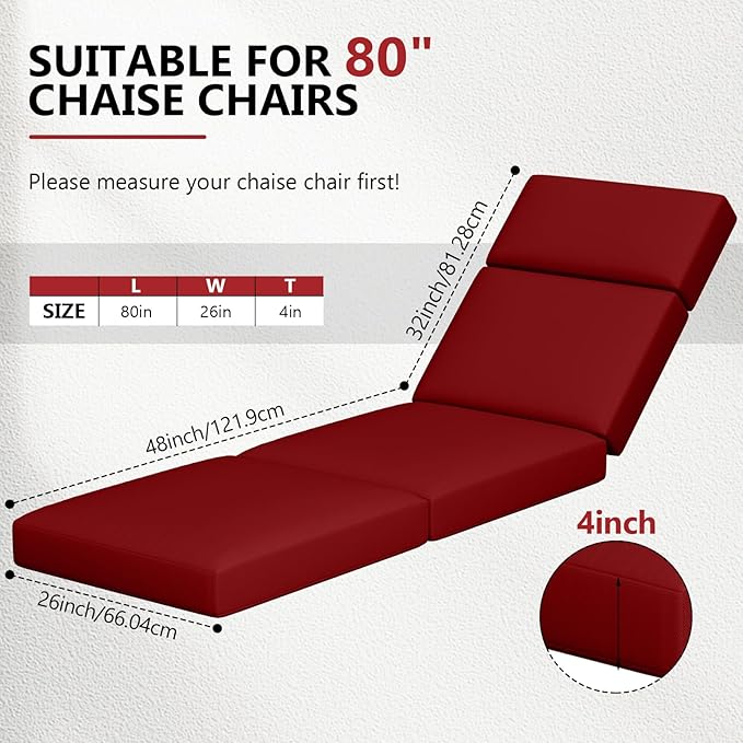 2 Pcs Chaise Lounge Cushions Outdoor, 80 x 26 x 4 Inch Lounge Chair Cushions for Outdoor Furniture - Waterproof Lounge Patio Replacement Cushion, 4In Fade-Resistant ThickPatio Chaise Lounge Cushion