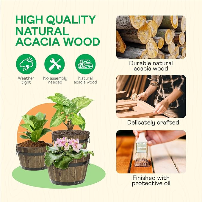 Idzo Set of 3 Wooden Flower Planters for Outdoor Plants, Acacia Wood Barrel Planters, Ergonomic Handles, Drainage Holes, Various Sizes, Walnut