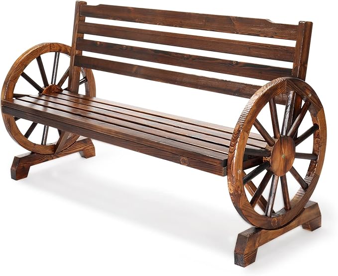 VINGLI Outdoor Rustic Wooden Bench with Wagon Wheel Arms, 3 People Outdoor Bench Garden Bench Front Porch Furniture Patio Lawn Yard Park, Indoor and Ourdoor Decor