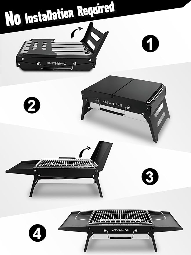 Charmline 14x9inch Foldable Portable Grill Charcoal, Compact Portable Grill for Outdoor Use, Desktop Charcoal Grill, BBQ Grills for Camping, Picnics, Gardens and Beach Parties, Black