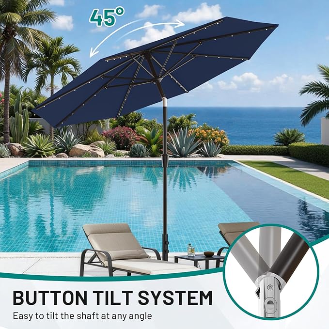 AreShark 9FT Patio Umbrella with Solar Lights, 32 LED Lighted Pool Umbrella w/Tilt and Crank, Outdoor Market Solar Umbrellas for Garden, Deck, Backyard, Pool and Beach, Navy