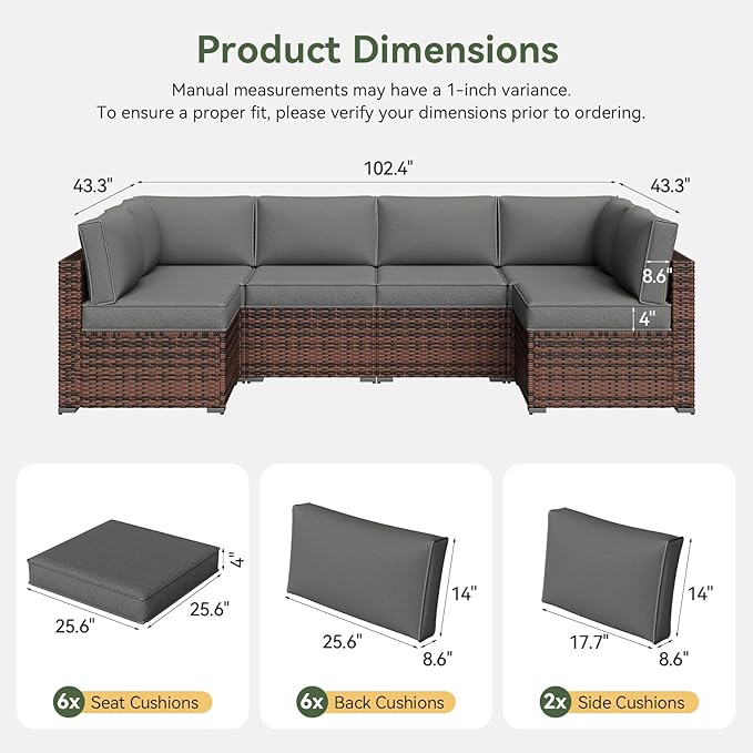 Aoxun Outdoor Replacement Cushions for Patio Furniture, Waterproof Sofa Cushion for 6-Seat Rattan Wicker Sectional Patio Conversation Sets, 14-Piece Cushions Set for L-Shape Couch, Gray