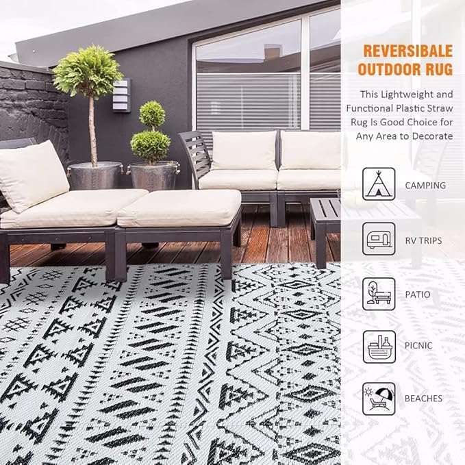 Pendolr Outdoor Rug 9’x12' for Patios Clearance Waterproof Carpet Large RV Mat Outdoor Plastic Straw Rug for Camping Reversible Outside Rug for Patio Balcony Deck Backyard Picnic Beach Black&White 02#