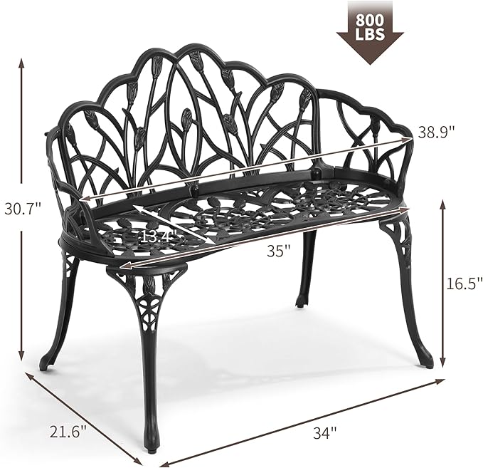 HOMEFUN Outdoor Bench, Patio Garden Benches Metal Loveseat Cast-Aluminum Outside Furniture for Park Lawn Front Porch Black