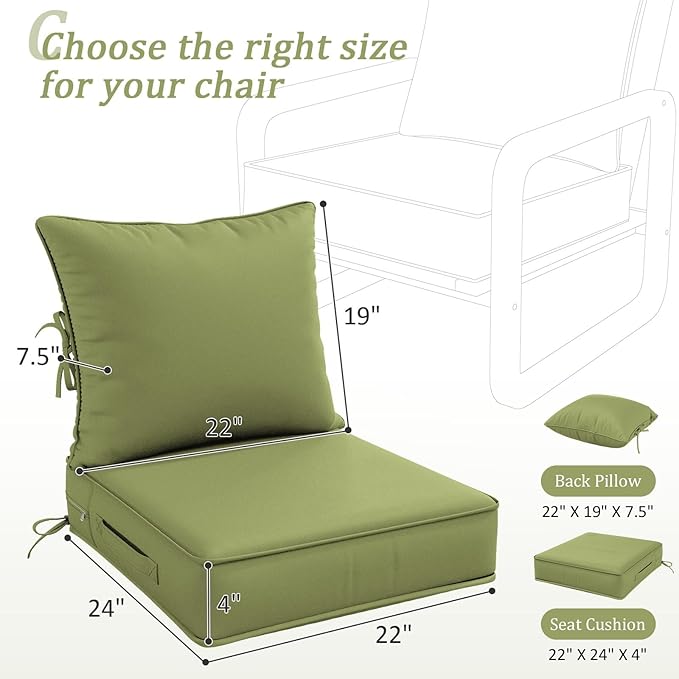 Outdoor Patio Chair Cushions Set 22 L X 24 W X 4 H Waterproof & Fade Resistant Deep Seat and Back Cushions with Removable Covers Outdoor Seat Cushion Set for Chairs and Sofas