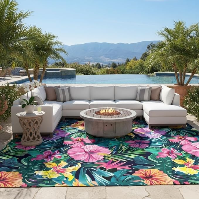 Tropical Botanical Floral Outdoor Rug Contemporary Aesthetic Green Pink Yellow Flower Texture Rug for Balcony Patio Deck Garden Washable Non Slip Large Carpet Waterproof Camping Rv Picnic Mat 10x16