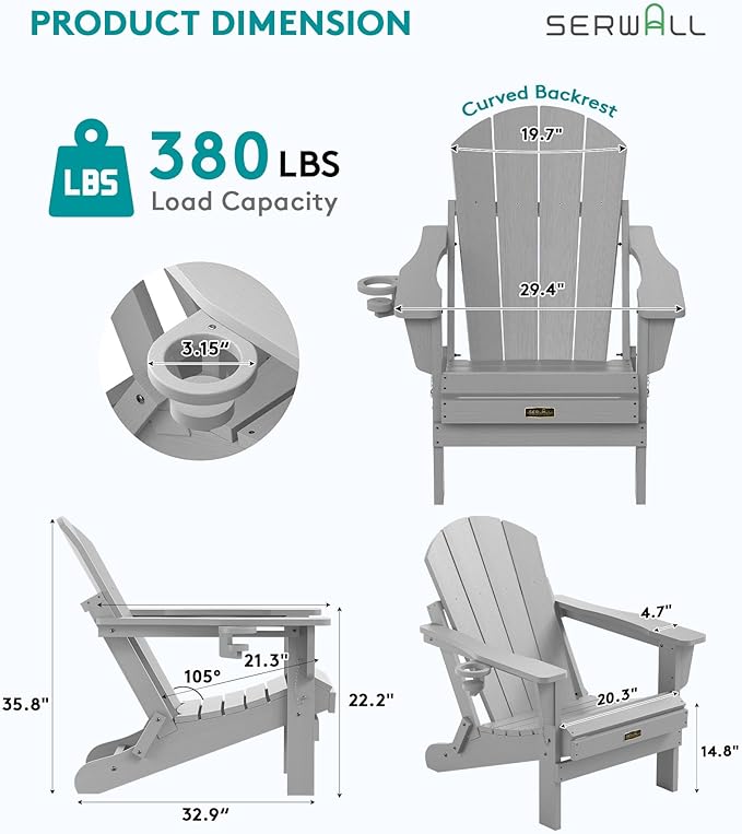SERWALL Folding Adirondack Chair Set of 8 for Patio Garden Outdoors Fire Pit- Spanish Gray