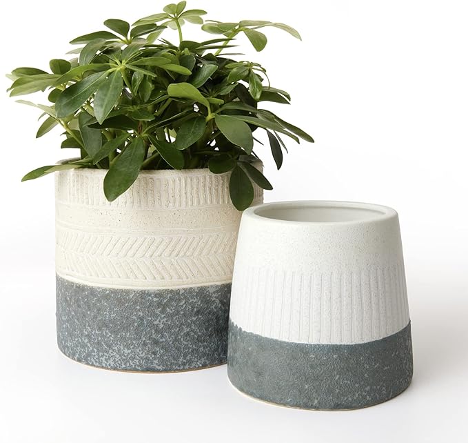 LA JOLIE MUSE Flower Pots Indoor Plant Pot Set of 2, Unique Small Ceramic Plants Planter, 6.4+ 5.1 Inch Planters, Gray & Ivory White