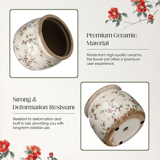 7.7" Large Ceramic Plant Pot Beige Red Cottage Rose Crackle Glaze Rustic Flowers Pot Decorative Planter with Drainage for Indoor Outdoor Plants Home Kitchen Office Decor Gift