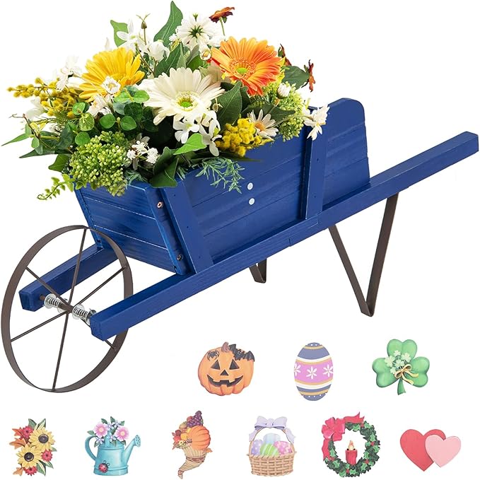 Wooden Wagon Planter, Flower Cart Display Stand w/Metal Wheels & Removable Magnetic Decoration, Wagon Decorative Garden Planter for Plants & Seasonal Displays, Pine Wood (Blue)