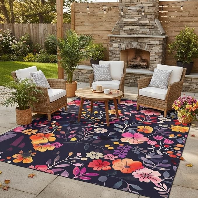 Washable Waterproof Floral Print Indoor Outdoor Rug 2x3 Black Pink Yellow Flowers Outdoor Area Rug for Garden Porch Patio Deck Camping Boho Floral Deco Balcony Pool Bedroom Low Pile Carpet Floor Mat