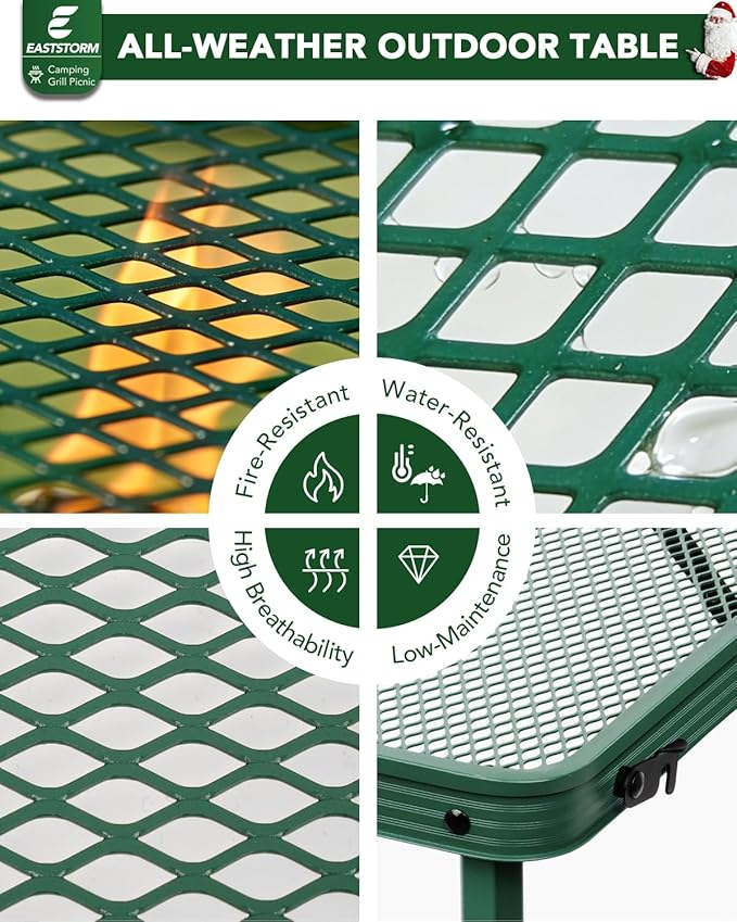 Square Folding Card Table with Adjustable Height (12" & 26"), Green Portable Metal Mesh Table for Camping, BBQ, Picnic, Game, Patio & Indoor Use, Fits 2–4 People, Lightweight 7.6 lb, Supports 66 lb