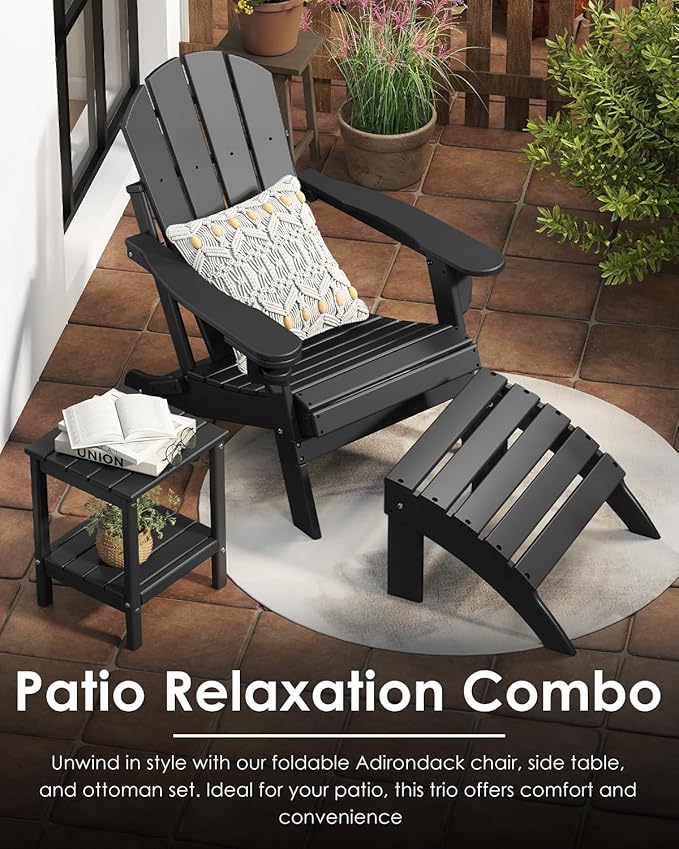 GREENVINES Folding-Adirondack-Chairs-Set-of-2 | HDPE Plastic | Fire Pit Chair | All Weather | Cup Holder | Black | for Deck Backyard Patio Outdoor Garden