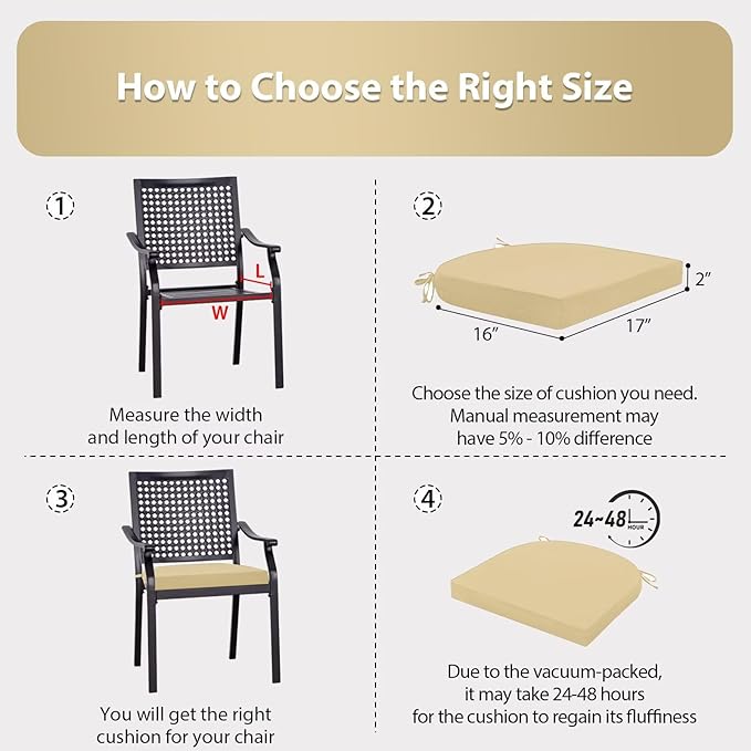 Outdoor Chair Cushions Set of 4, 17 x 16 Inch Patio Furniture Cushions, Water Resistant, Non-Slip Ties (Khaki)