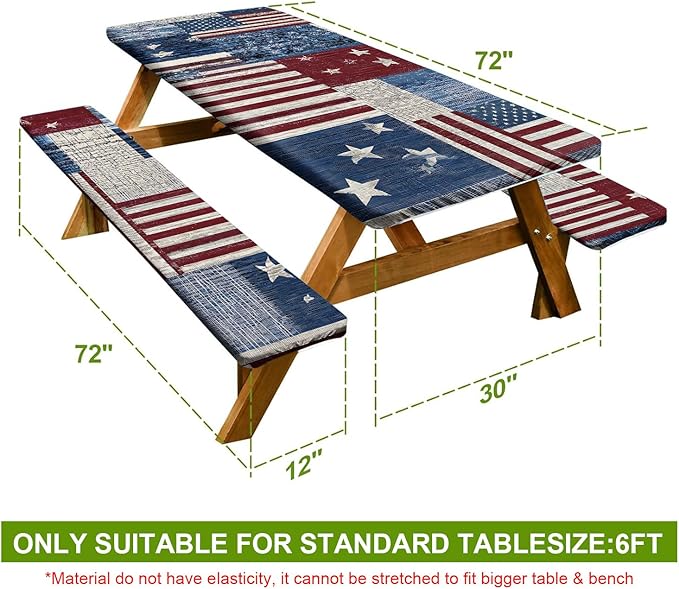 Patriotic Picnic Table Cover with Bench Covers Set of 3 - American Flag Patchwork Pattern, Elastic Fitted Tablecloth for 6 Ft Tables, Washable Polyester Cover for 4th of July, Camping & Outdoor