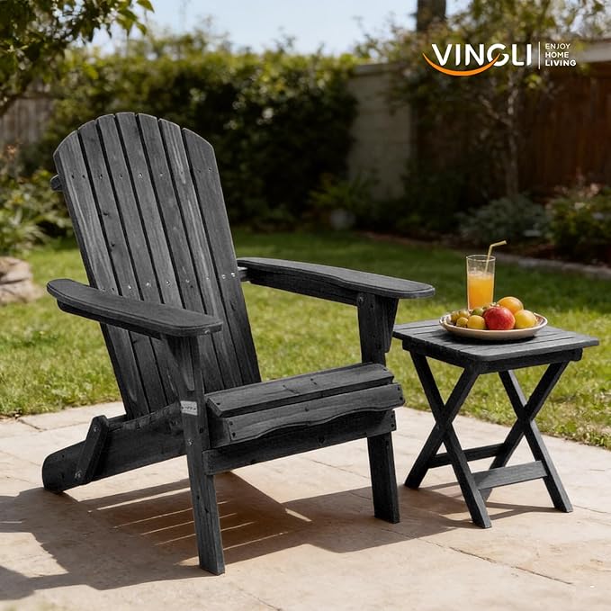 VINGLI Folding Adirondack Chairs Set of 6, Wood Adirondack Chair for Outdoor, Foldable Fire Pit Chairs for Patio, BBQ, Porch, Yard, Pool, Black