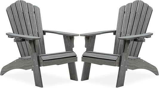 Psilvam Oversized Adirondack Chair, Fade-Resistant & Odor-Free Poly Lumber Fire Pit Chairs with Cup Holder, Weatherproof Outdoor Chair, Easy 15 Min Install Patio Chair, 350 Lbs Support (2, Gray)