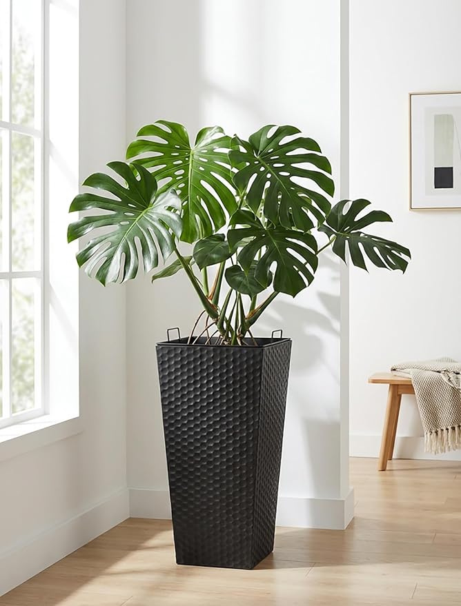 Sziqiqi Metal Tall Planter for Outdoor: Set of 2 Honeycomb 21.6in Large Taper Plant Pots with Inner Pots - Black Flower Pot with Drainage Holes for Indoor Outside Front Door Patio Garden Floor