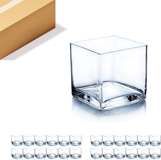 WGV Cube Glass Vase Bulk, Candle Holder, 3"x3"x3", Clear Elegant Floral Accent Container Planter Terrarium Storage for Wedding Party Ceremony Event Office Home Decor, 24 Pieces