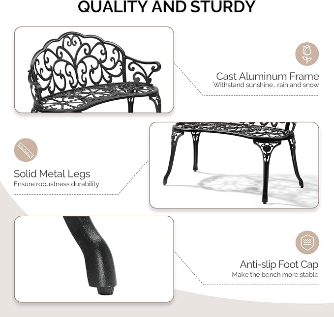 VINGLI 38.5" Patio Park Garden Outdoor Metal Rose Bench, 2-Person Cast Iron Cast Aluminium Frame Antique Finish Chair,Accented Lawn Front Porch Path Yard Decor Deck Furniture (Black, Butterfly)