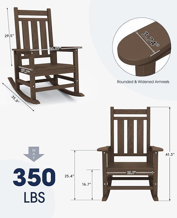 KINGYES Oversized Outdoor Rocking Chair, All-Weather Patio Rocking Chairs for Porch, HDPE Outdoor Patio Rockers with High Back & Wide Seat for Garden, Lawn, Brown