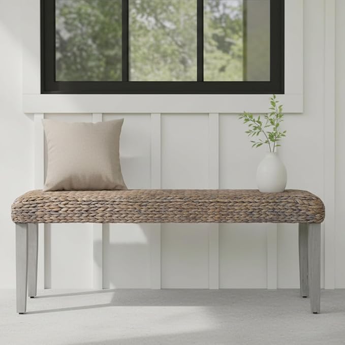 Farmhouse Indoor Solid Wood Acacia Benc with Natural Woven Benches Seat, Boho Bench Entryway, Wooden Bench for Bedroom End of Bed or Living Room or Vintage Entryway Bench Seat (Grey, Water Hyacinth)