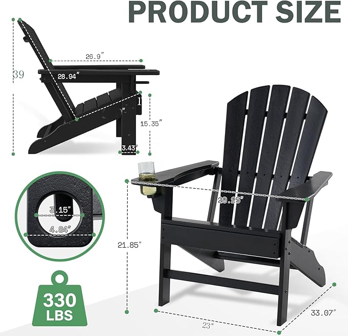 Folding Adirondack Outdoor Chairs HDPE Plastic Chair All Weather Cup Holder Black for Deck Backyard Patio Outdoor Garden
